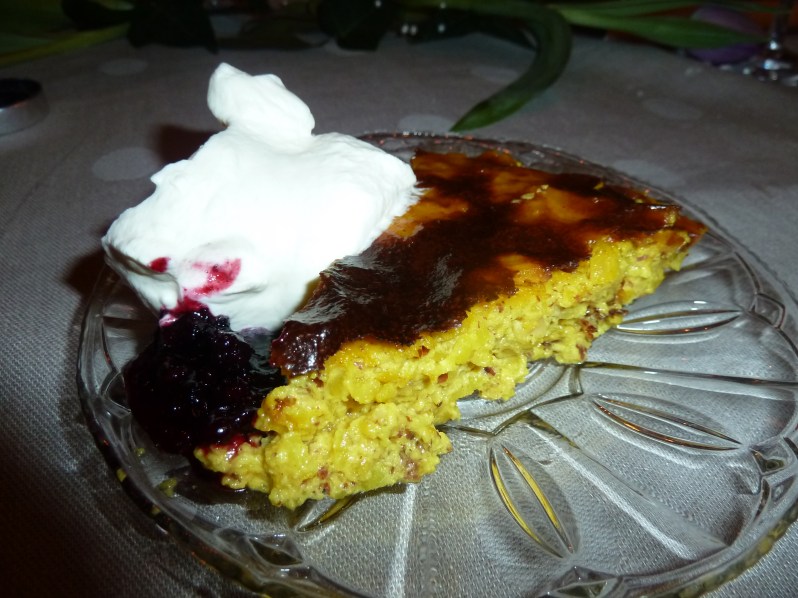 Saffron pancake with dewberry jam and whipped cream