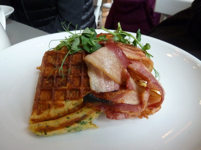 Chilli and curry leaf waffles with smoked bacon and maple syrup