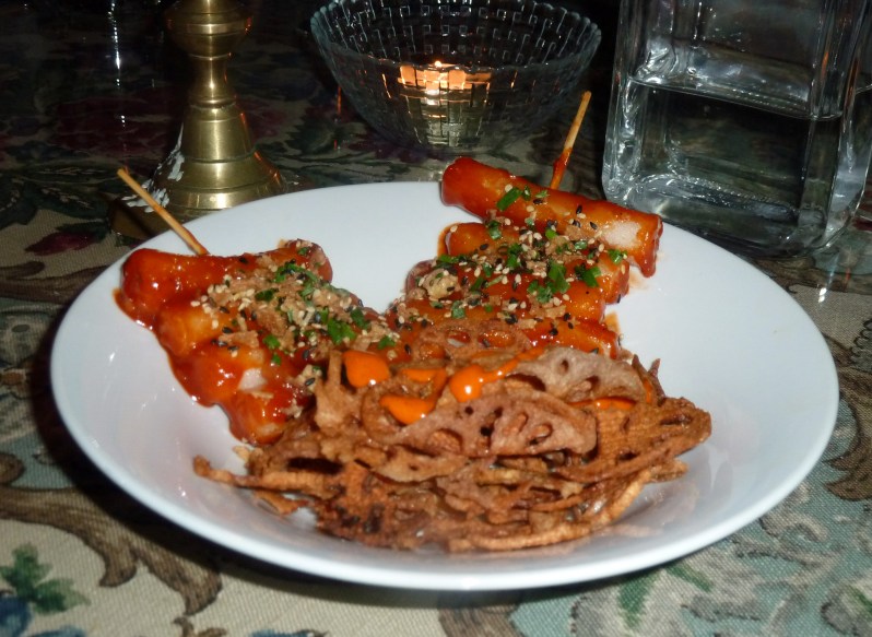 Lotus crisps and rice skewers