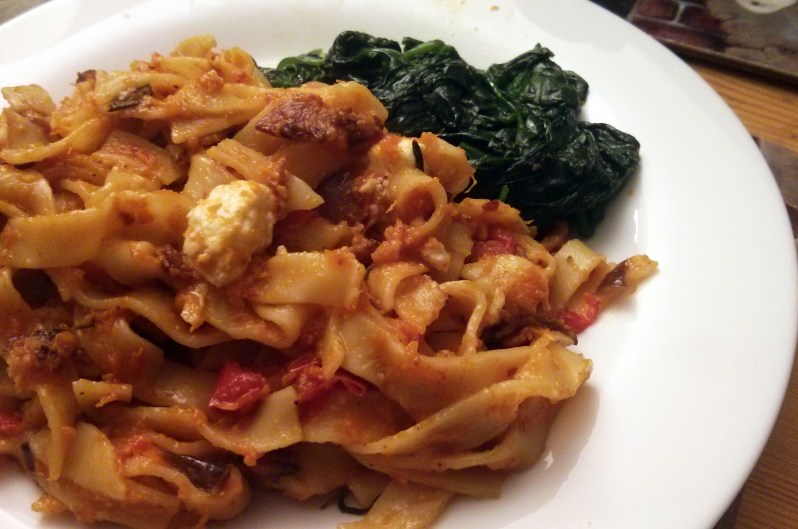 Butternut squash and feta tagliatelle served with steamed spinach