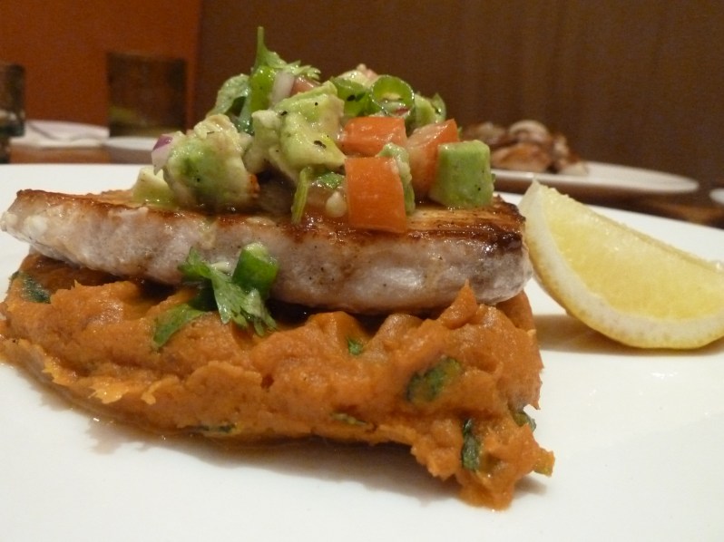Sea bass with sweet potato and avocado salsa